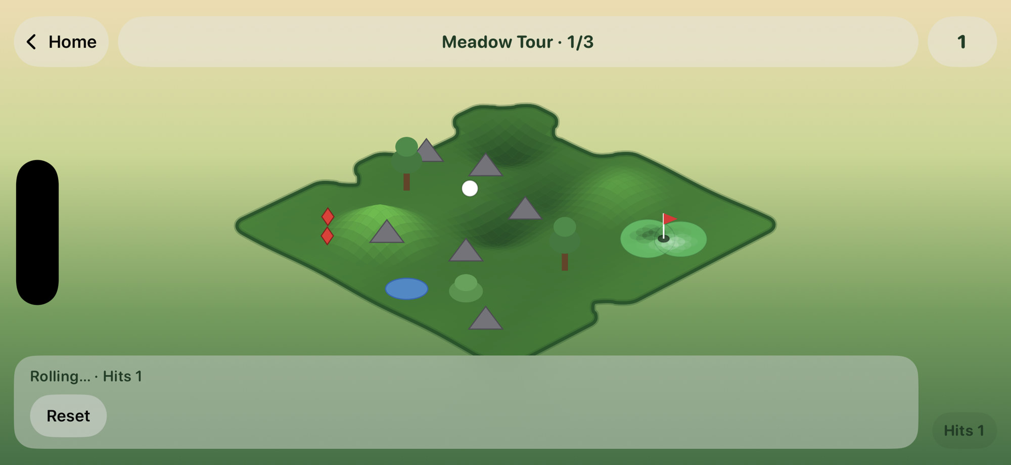 Meadow Tour hole with ball rolling across the fairway